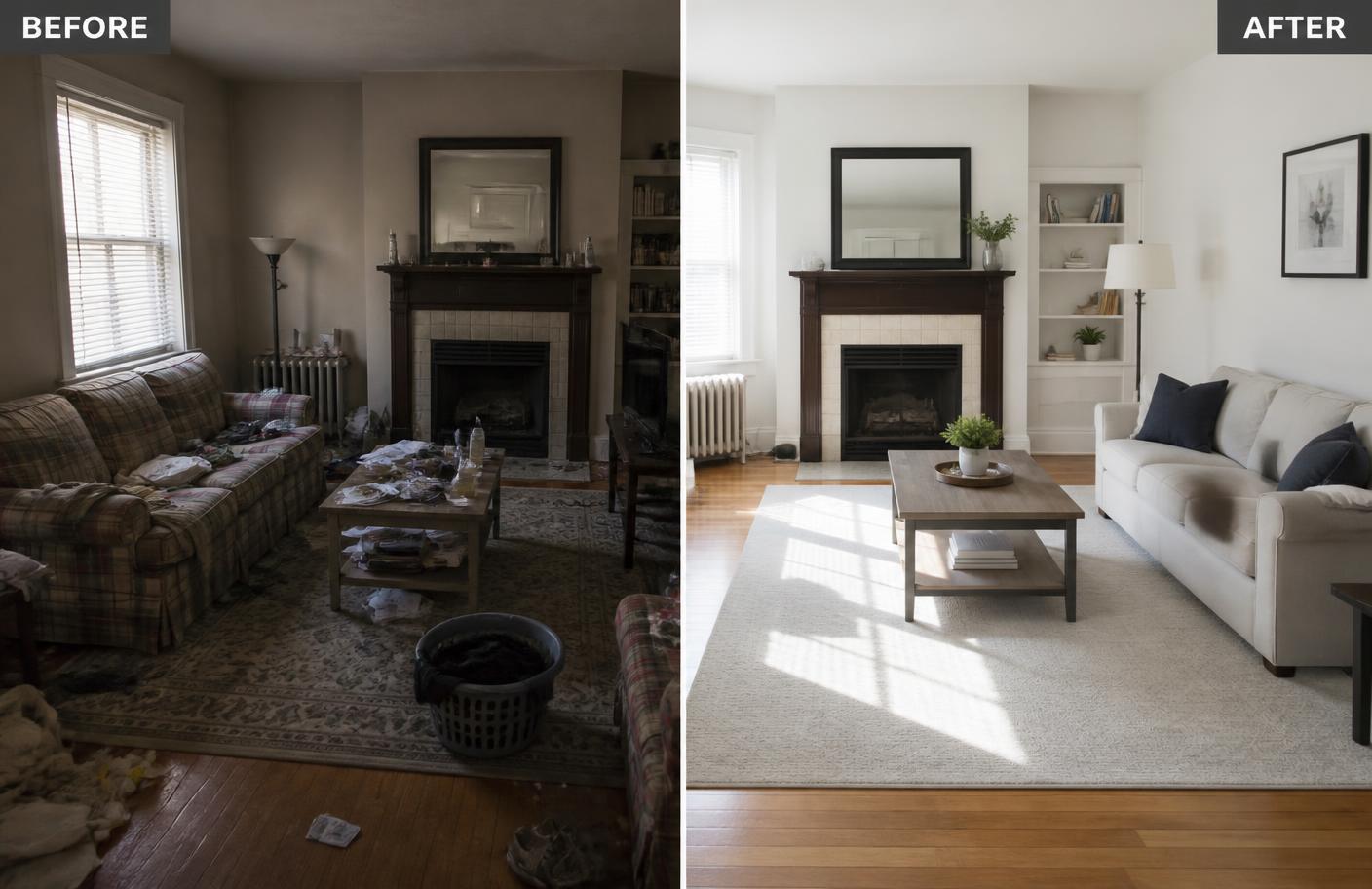 Before and after comparison of a living room cleaned by Swift Kleaners