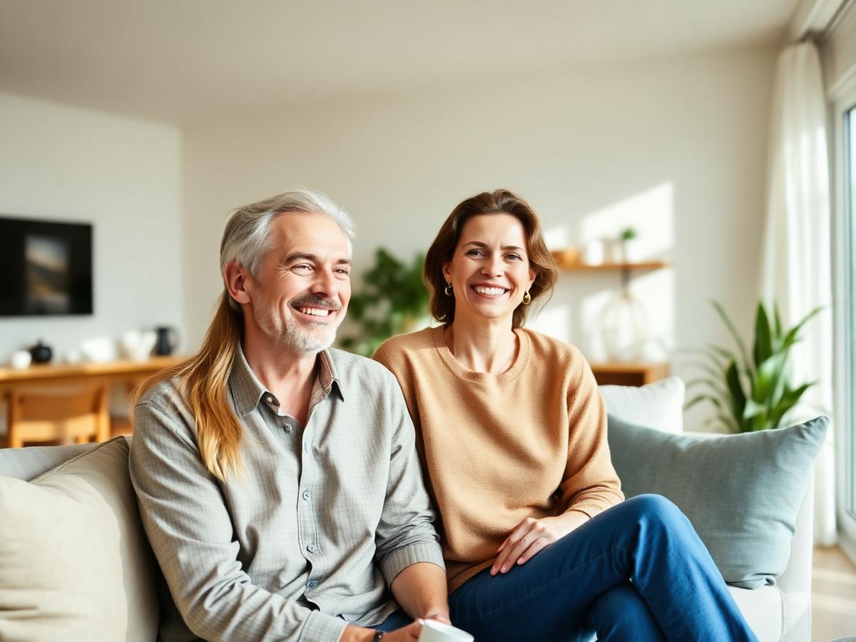 Happy homeowners relaxing in their freshly cleaned living room